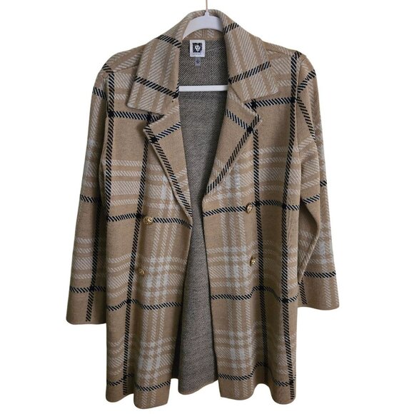 Anne Klein Neutral Tan Plaid Open Front Sweater Blazer Size S - Picture 1 of 6